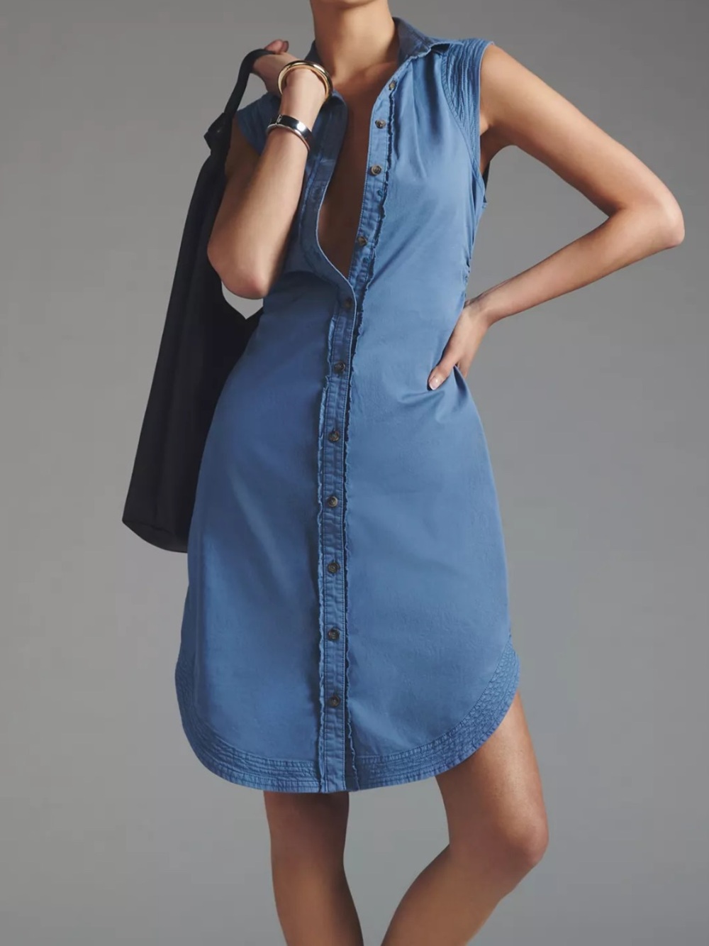 Pilcro Anthropologie Sleeveless Button Front Midi Blue Collared Shirt Dress 12